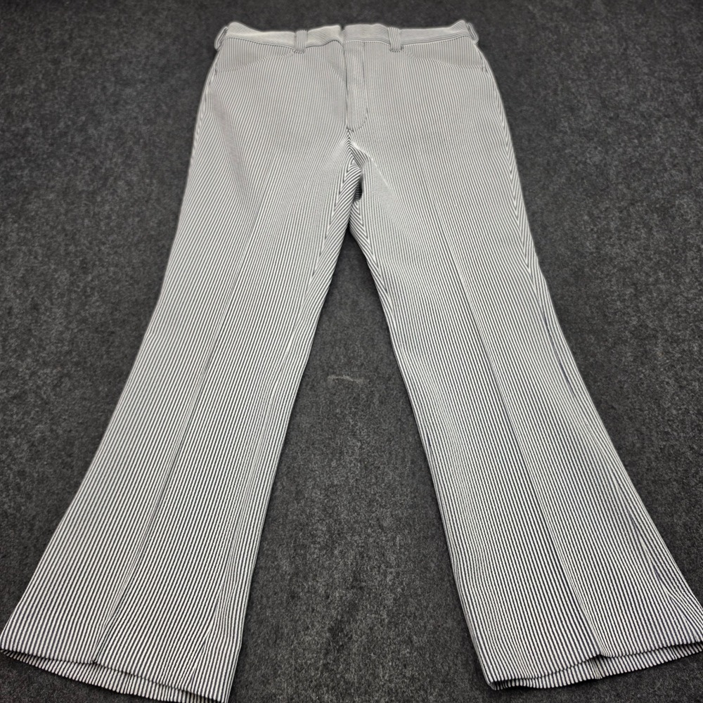 Vintage Striped Trousers Men 34x29 Blue White Seersucker Style Wide Leg Pants